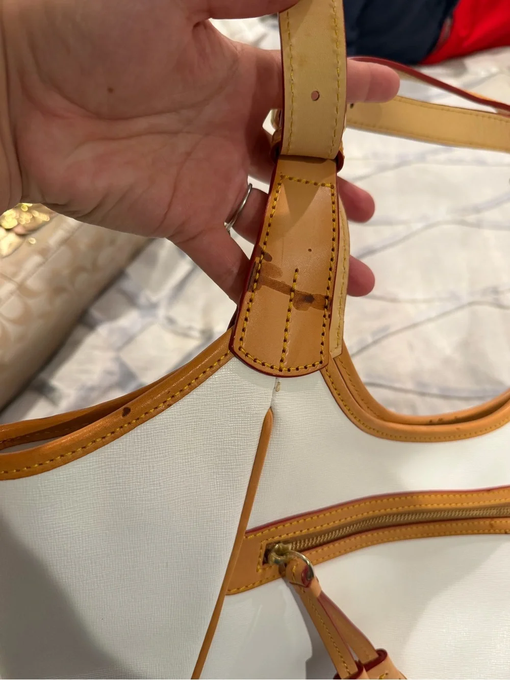 Dooney & Bourke White Tote with Tan Trim and Tassel